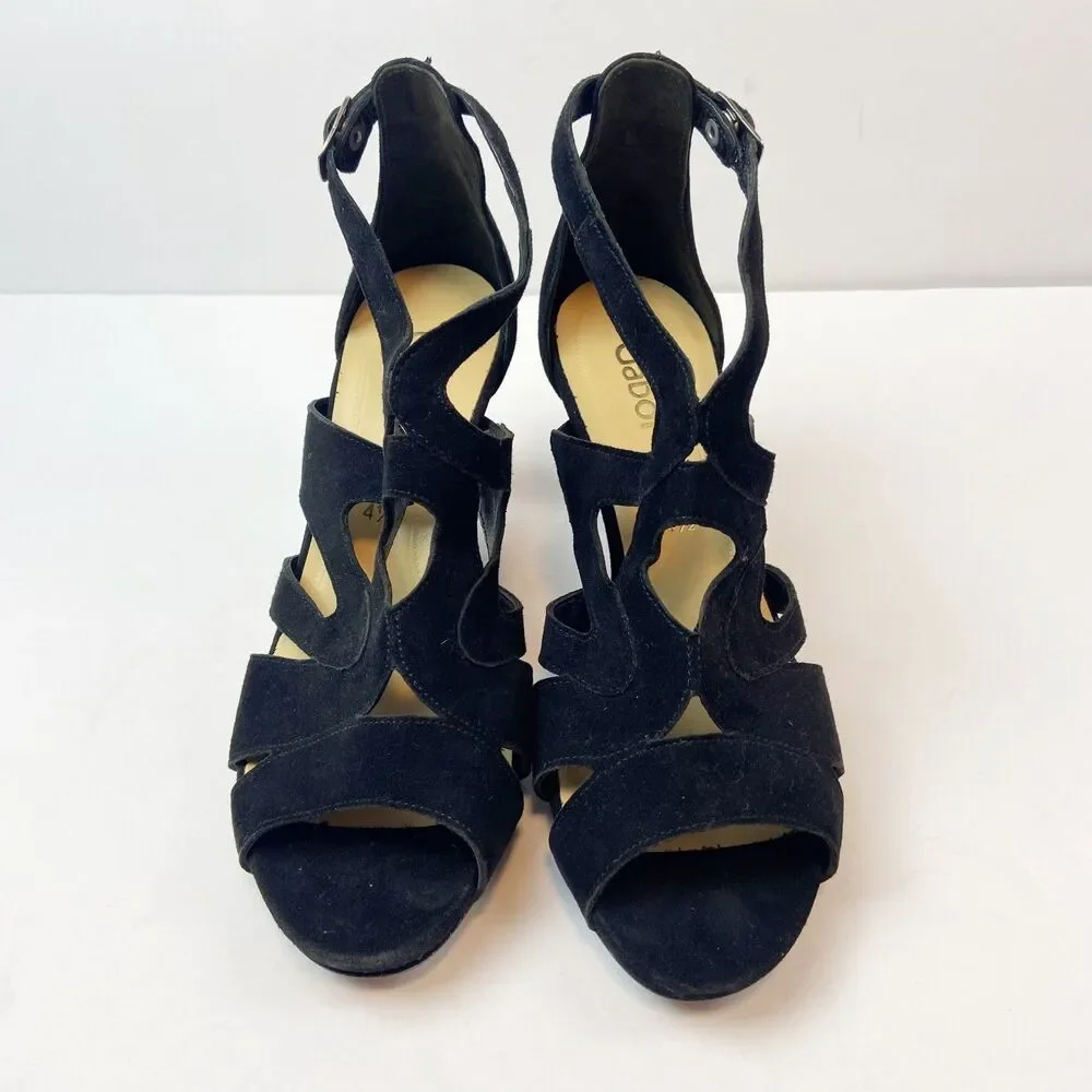 Gabor‎ Fantastica Black Suede Heels Women's Sz 7 Strappy Peep Toe Evening Dressy